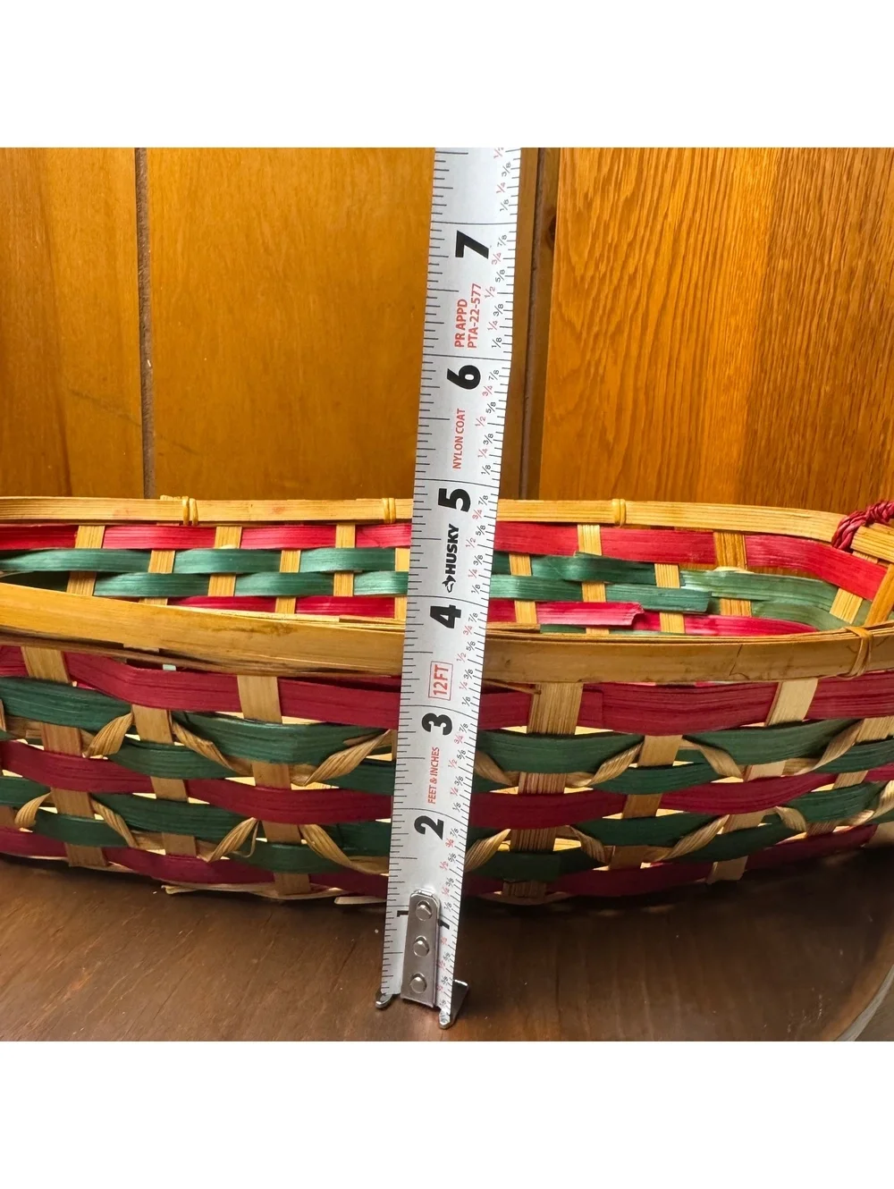 Vintage Christmas Woven Basket Red Green Natural Bamboo Holiday Serving Basket